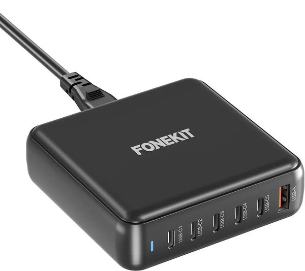 FoneKit GaN PD 200W -verkkovirtalaturi, USB-A + 5 x USB-C, musta