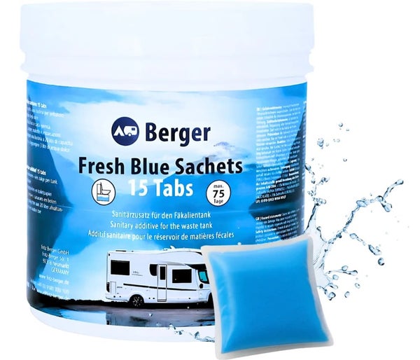 Berger Fresh Blue Sachets -k&auml;ym&auml;l&auml;tiivistetabletit j&auml;tes&auml;ili&ouml;&ouml;n, 15 kpl