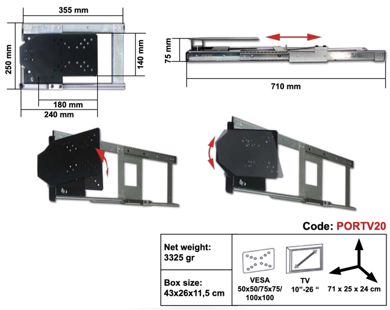 GES PORTV20 vaakasuora sis&auml;&auml;nvedett&auml;v&auml; TV-teline